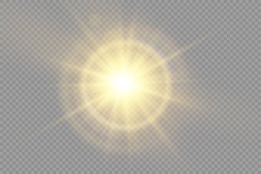 Parlak yıldız, parlak yıldız, şeffaf arkaplanda parlayan ışık, sarı güneş ışınları, altın ışık efekti, ışıltılı güneş ışığı, bokeh etkisi, altın parıltısı, vektör illüstrasyonu