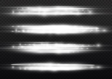 Yatay ışık ışınları, flaş beyaz ışık parlamaları, lazer ışınları, şeffaf arkaplanda parlak beyaz çizgi, güzel ışık parlamaları, parlak parlaklıklar, vektör illüstrasyonu,.