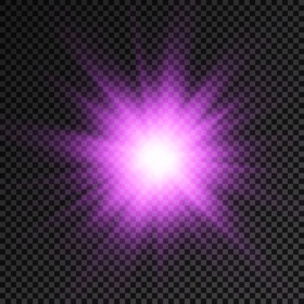 Conjunto Luz Brillante Púrpura Estalló Sobre Fondo Transparente Brillo Estrellas — Vector de stock