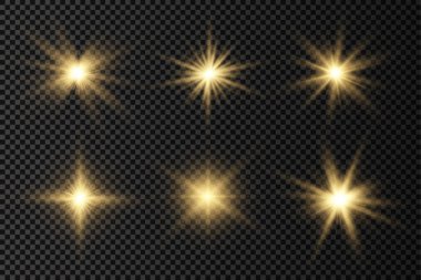 Parlak parlak bir yıldız, parlak bir yıldız, saydam bir arkaplanda sarı bir ışık patlaması, sarı güneş ışınları, altın ışık efekti, ışıltılı güneş ışığı, vektör illüstrasyonu, 10