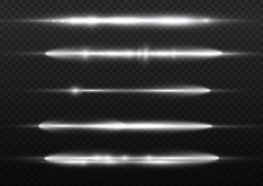 Yatay ışık ışınları, flaş beyaz ışık parlamaları, lazer ışınları, şeffaf arkaplanda parlak beyaz çizgi, güzel ışık parlamaları, parlak parlaklıklar, vektör illüstrasyonu,.