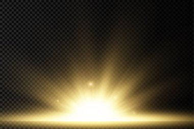 Şeffaf arkaplanda yıldız patlaması, sarı parıltılı ışıklar güneş ışınları, ışık ve sihirli ışıltılarla özel efektler, parlak ve parlak altın yıldız, vektör çizimi, 10 birim.