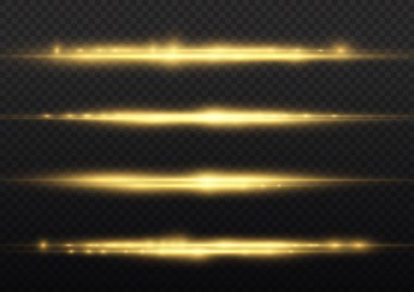 Yatay ışık ışınları, parlayan sarı yatay mercek fişekleri, lazer ışınları, şeffaf arkaplanda parıldayan altın çizgiler, güzel ışık parlamaları, parlak altın parlaklığı, vektör illüstrasyonu,.