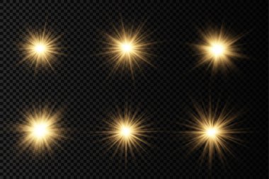 Parlak parlak bir yıldız, parlak bir yıldız, saydam bir arkaplanda sarı bir ışık patlaması, sarı güneş ışınları, altın ışık efekti, ışıltılı güneş ışığı, vektör illüstrasyonu, 10