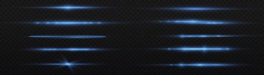 Yatay ışık ışınları, flaş mavi ışık parlamaları, hızlı lazer ışınları, şeffaf arkaplanda parlak mavi çizgi hareketi, güzel ışık parlamaları, parlak parlama, vektör illüstrasyonu, 10