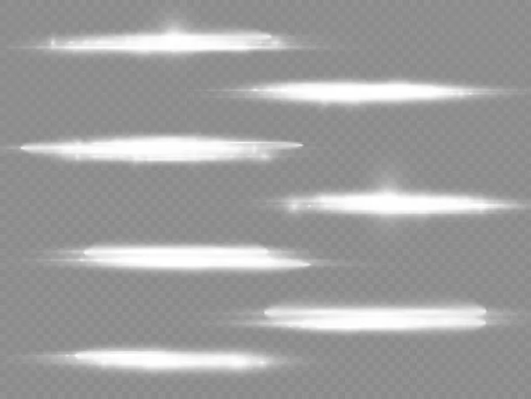 Horizontale Lichtstralen Flitsende Witte Horizontale Lens Flares Pack Laserstralen Gloeiende — Stockvector