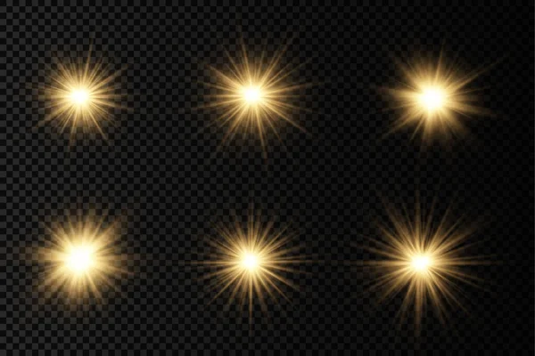 Parlak parlak bir yıldız, parlak bir yıldız, saydam bir arkaplanda sarı bir ışık patlaması, sarı güneş ışınları, altın ışık efekti, ışıltılı güneş ışığı, vektör illüstrasyonu, 10