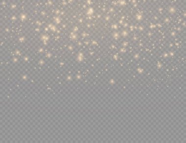 Şeffaf arkaplanda ışıldayan altın sihirli toz tanecikleri, parlak ışıklar, sarı toz kıvılcımları ve yıldızların parlaklığı özel ışık, Noel ışıltısı etkisi, vektör illüstrasyonu.