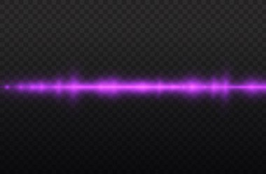 Yatay ışık ışınları, parlak mor yatay lensler, lazer ışınları, şeffaf arkaplanda parlak menekşe çizgileri, güzel ışık parlamaları, parlak parlaklıklar, vektör illüstrasyonu, 10 birim..