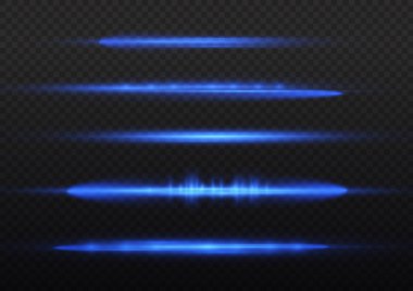 Yatay ışık ışınları, flaş mavi ışık parlamaları, hızlı lazer ışınları, şeffaf arkaplanda parlak mavi çizgi hareketi, güzel ışık parlamaları, parlak parlama, vektör illüstrasyonu, 10