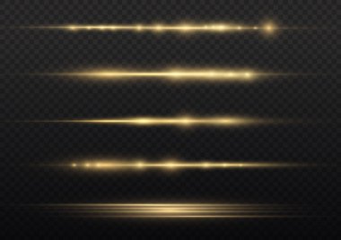 Yatay ışık ışınları, parlayan sarı yatay mercek fişekleri, lazer ışınları, şeffaf arkaplanda parıldayan altın çizgiler, güzel ışık parlamaları, parlak altın parlaklığı, vektör illüstrasyonu,.