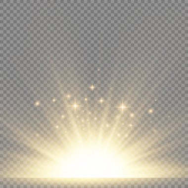 Şeffaf arkaplanda yıldız patlaması, sarı parıltılı ışıklar güneş ışınları, ışık ve sihirli ışıltılarla özel efektler, parlak ve parlak altın yıldız, vektör çizimi, 10 birim.