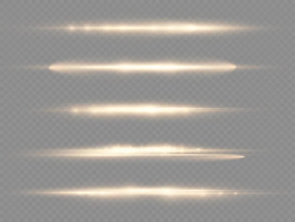 Rayos Luz Horizontales Paquete Llamaradas Lentes Horizontales Amarillas Rayos Láser — Vector de stock