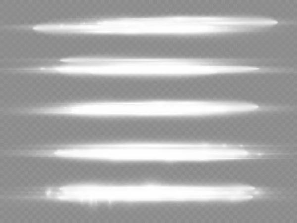 Raios Luz Horizontais Flash Branco Horizontal Lente Flares Pacote Feixes —  Vetores de Stock