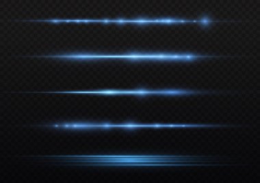 Yatay ışık ışınları, flaş mavi ışık parlamaları, hızlı lazer ışınları, şeffaf arkaplanda parlak mavi çizgi hareketi, güzel ışık parlamaları, parlak parlama, vektör illüstrasyonu, 10