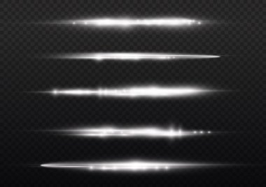Yatay ışık ışınları, flaş beyaz ışık parlamaları, lazer ışınları, şeffaf arkaplanda parlak beyaz çizgi, güzel ışık parlamaları, parlak parlaklıklar, vektör illüstrasyonu,.