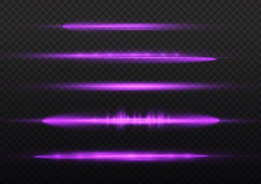 Yatay ışık ışınları, parlak mor yatay lensler, lazer ışınları, şeffaf arkaplanda parlak menekşe çizgileri, güzel ışık parlamaları, parlak parlaklıklar, vektör illüstrasyonu, 10 birim..