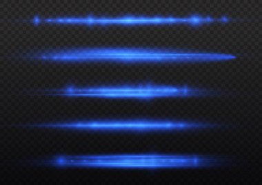 Yatay ışık ışınları, flaş mavi ışık parlamaları, hızlı lazer ışınları, şeffaf arkaplanda parlak mavi çizgi hareketi, güzel ışık parlamaları, parlak parlama, vektör illüstrasyonu, 10