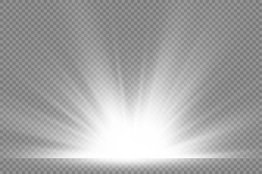 Şeffaf arkaplanda yıldız patlaması, beyaz parlayan ışıklar güneş ışınları, ışık ve sihirli ışıltılarla özel efektler, parlak ve parlak beyaz yıldız, vektör illüstrasyonu,.