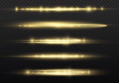 Yatay ışık ışınları, parlayan sarı yatay mercek fişekleri, lazer ışınları, şeffaf arkaplanda parıldayan altın çizgiler, güzel ışık parlamaları, parlak altın parlaklığı, vektör illüstrasyonu,.