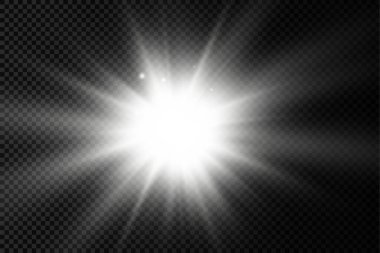 Parlak bir yıldız, parlak bir yıldız, şeffaf bir arkaplanda parlayan beyaz bir ışık patlaması, güneş ışınları, ışık efekti, ışıldayan ışınlar, vektör illüstrasyonu, 10