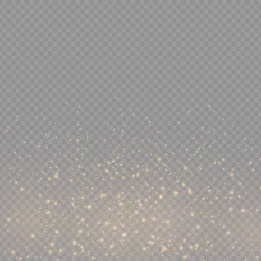 Şeffaf arkaplanda ışıldayan altın sihirli toz tanecikleri, parlak ışıklar, sarı toz kıvılcımları ve yıldızların parlaklığı özel ışık, Noel ışıltısı etkisi, vektör illüstrasyonu.