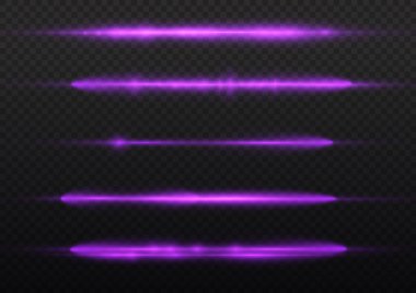 Yatay ışık ışınları, parlak mor yatay lensler, lazer ışınları, şeffaf arkaplanda parlak menekşe çizgileri, güzel ışık parlamaları, parlak parlaklıklar, vektör illüstrasyonu, 10 birim..
