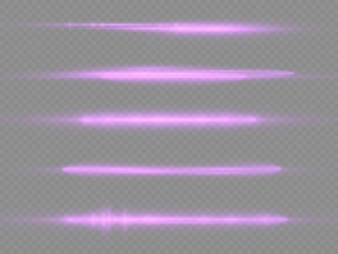 Yatay ışık ışınları, parlak mor yatay lensler, lazer ışınları, şeffaf arkaplanda parlak menekşe çizgileri, güzel ışık parlamaları, parlak parlaklıklar, vektör illüstrasyonu, 10 birim..
