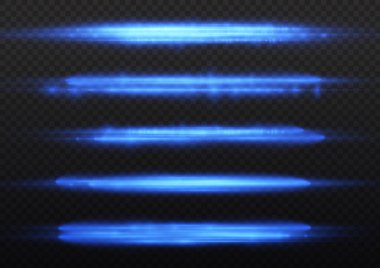 Yatay ışık ışınları, flaş mavi ışık parlamaları, hızlı lazer ışınları, şeffaf arkaplanda parlak mavi çizgi hareketi, güzel ışık parlamaları, parlak parlama, vektör illüstrasyonu, 10