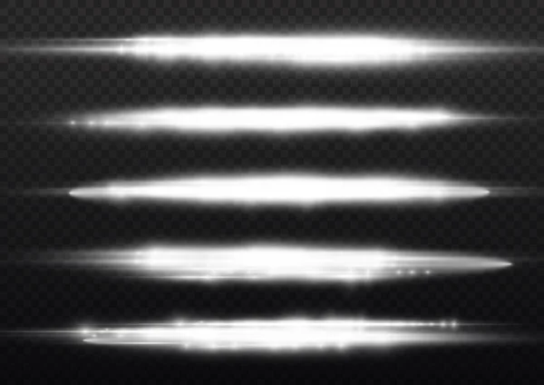 Горизонтальные Лучи Света Вспышки Белых Горизонтальных Бликов Лазерные Лучи Светящиеся — стоковый вектор