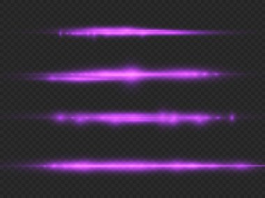 Yatay ışık ışınları, parlak mor yatay lensler, lazer ışınları, şeffaf arkaplanda parlak menekşe çizgileri, güzel ışık parlamaları, parlak parlaklıklar, vektör illüstrasyonu, 10 birim..