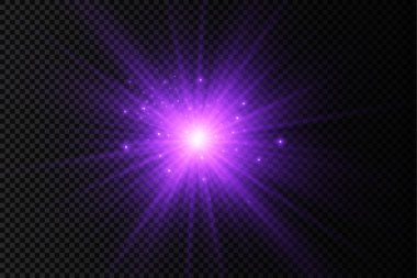 Parlak parlak bir yıldız, parlak bir yıldız, şeffaf bir arkaplanda mor bir ışık patlaması, mor güneş ışınları, altın ışık efekti, ışıltılı güneş ışığı, vektör illüstrasyonu, 10