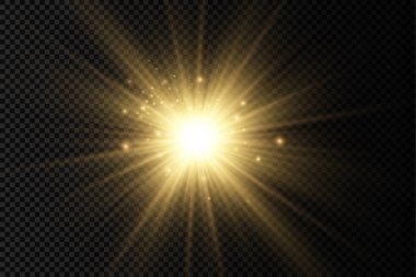 Parlak parlak bir yıldız, parlak bir yıldız, saydam bir arkaplanda sarı bir ışık patlaması, sarı güneş ışınları, altın ışık efekti, ışıltılı güneş ışığı, vektör illüstrasyonu, 10