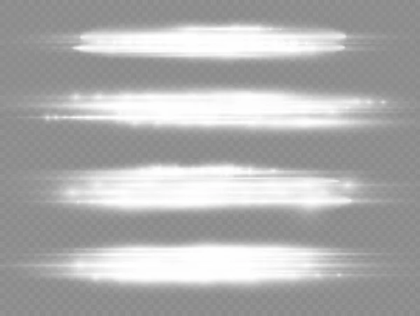 Raios Luz Horizontais Flash Branco Horizontal Lente Flares Pacote Feixes —  Vetores de Stock