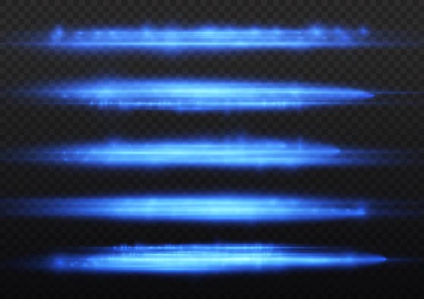 Rayos Luz Horizontales Paquete Llamaradas Lente Horizontal Azul Flash Rayos — Vector de stock