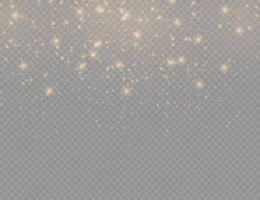 Şeffaf arkaplanda ışıldayan altın sihirli toz tanecikleri, parlak ışıklar, sarı toz kıvılcımları ve yıldızların parlaklığı özel ışık, Noel ışıltısı etkisi, vektör illüstrasyonu.