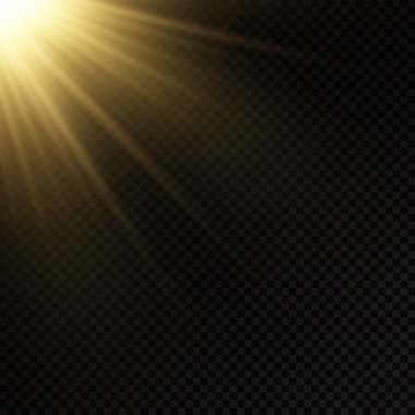 Parlak patlamalı güneş ışığı, ışık ve sihirli parıltı ışınlarıyla parlama efekti, güneş ışınları, sarı ışık efekti, aydınlık ışığında bulanıklık, ön lens flaşı, vektör illüstrasyonu, 10.