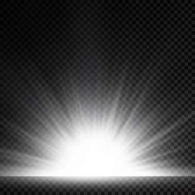 Şeffaf arkaplanda yıldız patlaması, beyaz parlayan ışıklar güneş ışınları, ışık ve sihirli ışıltılarla özel efektler, parlak ve parlak beyaz yıldız, vektör illüstrasyonu,.