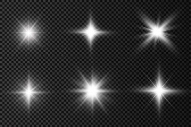 Parlak bir yıldız, parlak bir yıldız, şeffaf bir arkaplanda parlayan beyaz bir ışık patlaması, güneş ışınları, ışık efekti, ışıldayan ışınlar, vektör illüstrasyonu, 10