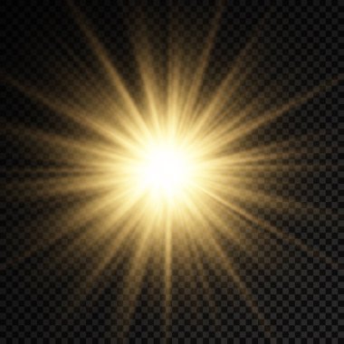 Parlak parlak bir yıldız, parlak bir yıldız, saydam bir arkaplanda sarı bir ışık patlaması, sarı güneş ışınları, altın ışık efekti, ışıltılı güneş ışığı, vektör illüstrasyonu, 10
