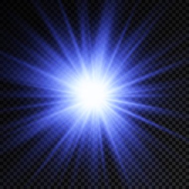 Parlak bir yıldız, parlak bir yıldız, şeffaf arkaplanda mavi bir ışık patlaması, güneş ışınları, mavi ışık efekti, ışıl ışıl güneş ışığı, vektör ilülasyonu, 10