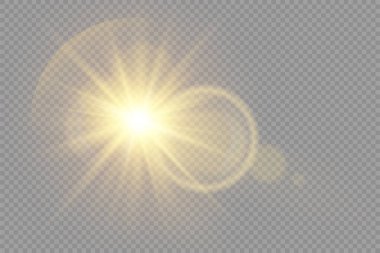Parlak yıldız, parlak yıldız, şeffaf arkaplanda parlayan ışık, sarı güneş ışınları, altın ışık efekti, ışıltılı güneş ışığı, bokeh etkisi, altın parıltısı, vektör illüstrasyonu