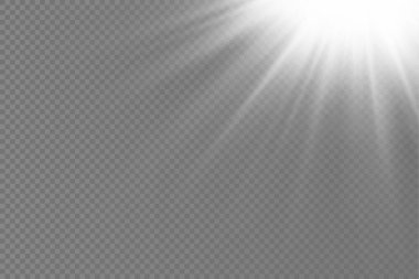 Parlak patlamalı güneş ışığı, ışık ve sihirli parıltı ışınlarıyla parlama etkisi, güneş ışınları, beyaz ışın etkisi, aydınlık ışığında bulanıklık, ön lens flaşı, vektör illüstrasyonu, 10.