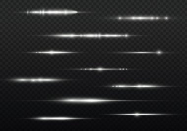 Yatay ışık ışınları, flaş beyaz ışık parlamaları, lazer ışınları, şeffaf arkaplanda parlak beyaz çizgi, güzel ışık parlamaları, parlak parlaklıklar, vektör illüstrasyonu,.