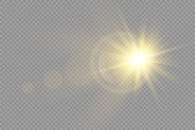 Parlak yıldız, parlak yıldız, şeffaf arkaplanda parlayan ışık, sarı güneş ışınları, altın ışık efekti, ışıltılı güneş ışığı, bokeh etkisi, altın parıltısı, vektör illüstrasyonu