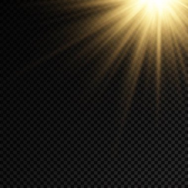 Parlak patlamalı güneş ışığı, ışık ve sihirli parıltı ışınlarıyla parlama efekti, güneş ışınları, sarı ışık efekti, aydınlık ışığında bulanıklık, ön lens flaşı, vektör illüstrasyonu, 10.