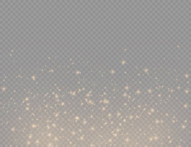 Şeffaf arkaplanda ışıldayan altın sihirli toz tanecikleri, parlak ışıklar, sarı toz kıvılcımları ve yıldızların parlaklığı özel ışık, Noel ışıltısı etkisi, vektör illüstrasyonu.