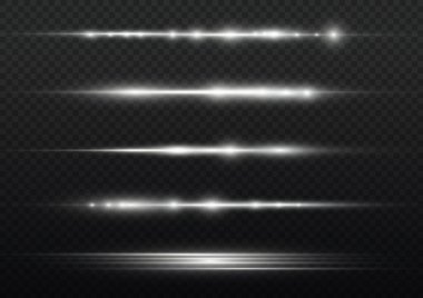 Yatay ışık ışınları, flaş beyaz ışık parlamaları, lazer ışınları, şeffaf arkaplanda parlak beyaz çizgi, güzel ışık parlamaları, parlak parlaklıklar, vektör illüstrasyonu,.