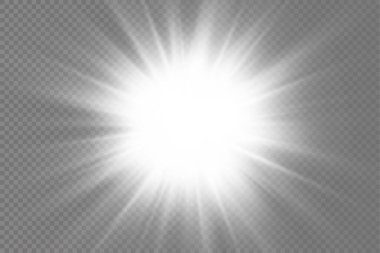 Parlak bir yıldız, parlak bir yıldız, şeffaf bir arkaplanda parlayan beyaz bir ışık patlaması, güneş ışınları, ışık efekti, ışıldayan ışınlar, vektör illüstrasyonu, 10