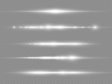 Yatay ışık ışınları, flaş beyaz ışık parlamaları, lazer ışınları, şeffaf arkaplanda parlak beyaz çizgi, güzel ışık parlamaları, parlak parlaklıklar, vektör illüstrasyonu,.